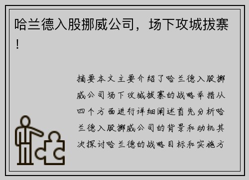 哈兰德入股挪威公司，场下攻城拔寨！